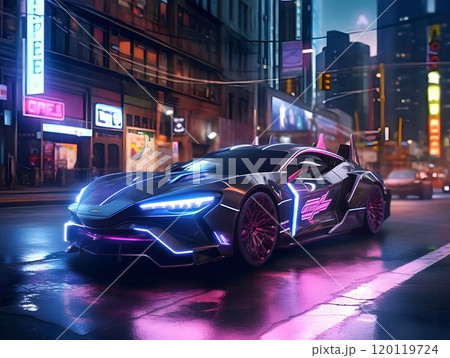 Futuristic neon sports car in a cyberpunk cityscape at night 120119724