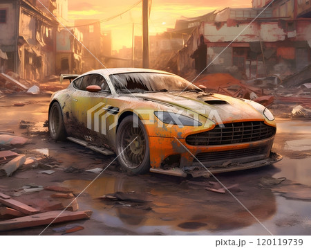 Rugged sports car in post-apocalyptic urban landscape at sunset Rugged sports car in post-apocalyptic urban landscape at sunset 120119739