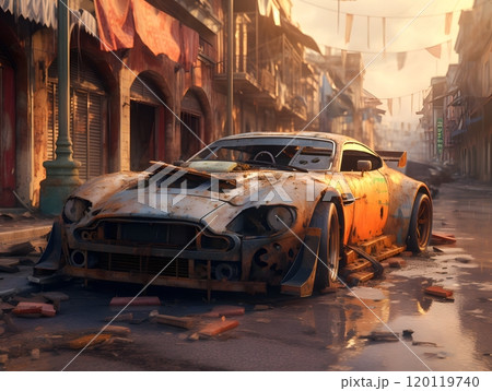 Rusty abandoned sports car in sunlit flooded street with vintage urban decay Rusty abandoned sports car in sunlit flooded street with vintage urban decay 120119740