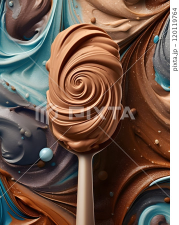 Swirling chocolate spoon on colorful abstract background in stock photography 120119764
