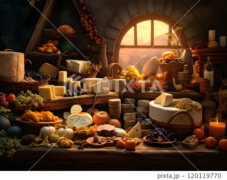Rustic cheese and fruit feast in warm candlelit cellar setting Rustic cheese and fruit feast in warm candlelit cellar setting 120119770