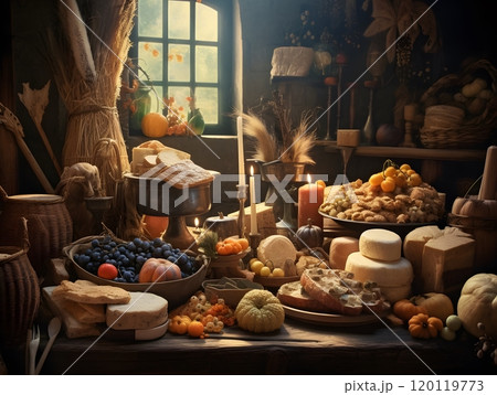 Rustic autumn harvest feast in cozy candlelit kitchen setting Rustic autumn harvest feast in cozy candlelit kitchen setting 120119773