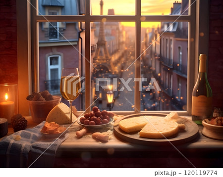 Romantic parisian evening: wine, cheese, and eiffel tower view from cozy window Romantic parisian evening: wine, cheese, and eiffel tower view from cozy window 120119774
