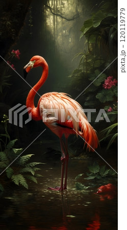 Vibrant flamingo in enchanting jungle stream with tropical foliage Vibrant flamingo in enchanting jungle stream with tropical foliage 120119779