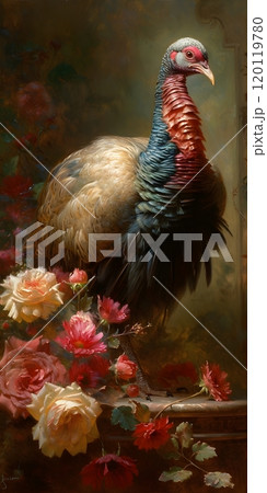 Vibrant turkey among luxurious roses: a fusion of wildlife and floral art 120119780