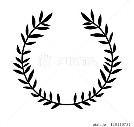 Black circle of wheat ear on white background. Agriculture wheat logo template. Frame with leaves victory. hand drawn. Not AI, Vector illustration Black circle of wheat ear on white background. Agriculture wheat logo template. Frame with leaves victory. hand drawn. Not AI, Vector illustration 120119781