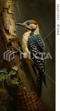 Vibrant woodpecker on tree trunk in lush forest setting 120119782