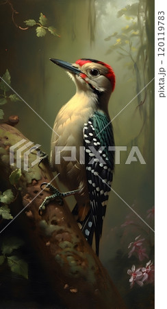 Vibrant woodpecker resting on a mossy branch in mystical forest Vibrant woodpecker resting on a mossy branch in mystical forest 120119783