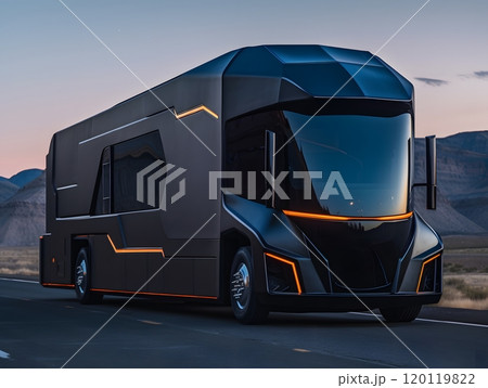 Futuristic electric rv with sleek design on open road at sunset 120119822