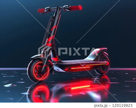 Futuristic electric scooter with neon red led lights on reflective surface 120119823