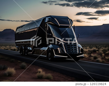 Futuristic electric truck on desert highway at sunset showcasing innovation 120119824