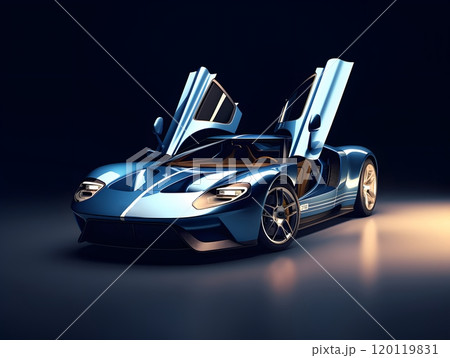Sleek blue sports car with gullwing doors in a studio setting Sleek blue sports car with gullwing doors in a studio setting 120119831