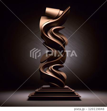 Abstract wooden sculpture with fluid curves and dramatic lighting in modern art studio Abstract wooden sculpture with fluid curves and dramatic lighting in modern art studio 120119848