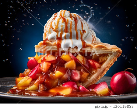 Decadent caramel apple pie slice with ice cream and fresh cherries on dark background Decadent caramel apple pie slice with ice cream and fresh cherries on dark background 120119855