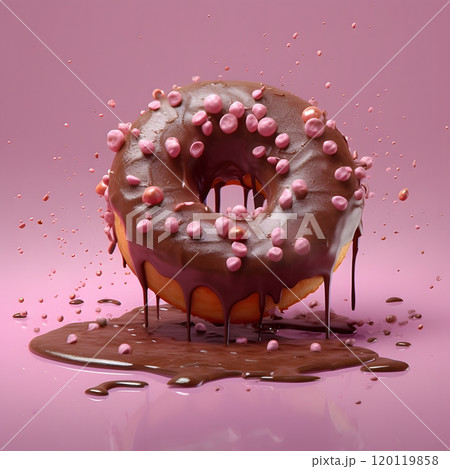 Delicious chocolate glazed donut with pink sprinkles on vibrant pink background Delicious chocolate glazed donut with pink sprinkles on vibrant pink background 120119858