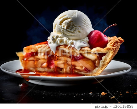 Delicious slice of apple pie with ice cream and cherry topping Delicious slice of apple pie with ice cream and cherry topping 120119859