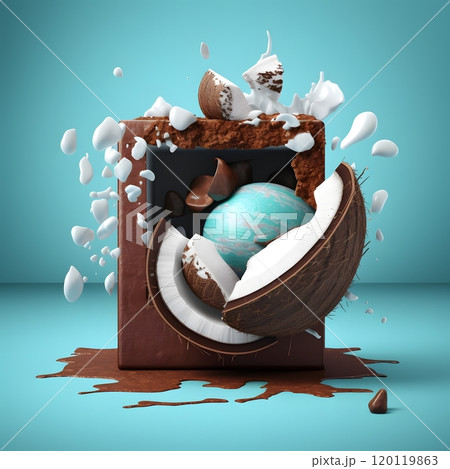 Exploding chocolate cube with coconut and milk splash on turquoise background 120119863