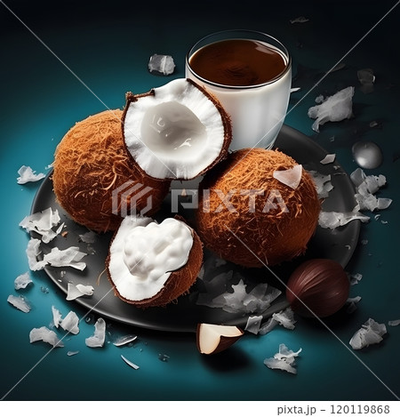 Fresh coconuts and creamy coffee on a dark plate with cracked shells 120119868