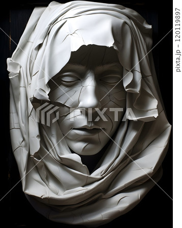 Sculpted face with cracked veil: intricate texture and dramatic expression in monochrome art Sculpted face with cracked veil: intricate texture and dramatic expression in monochrome art 120119897