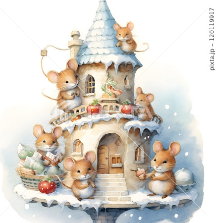 Charming woodland mice in cozy winter cottage, whimsical watercolor art 120119917