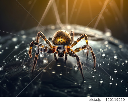 Close-up of a spider on dew-covered web in dramatic lighting 120119920
