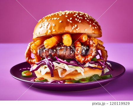 Colorful gourmet burger with octopus garnish and vibrant vegetables on purple background 120119929