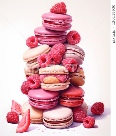 Colorful raspberry macaron tower with fresh berries on white background Colorful raspberry macaron tower with fresh berries on white background 120119930