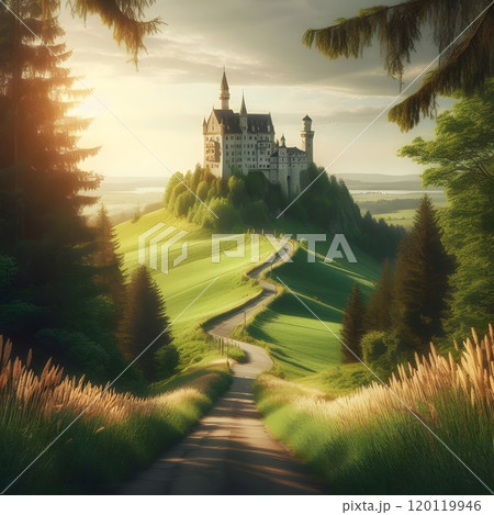 Enchanting castle on lush green hill at sunset: idyllic fairytale landscape Enchanting castle on lush green hill at sunset: idyllic fairytale landscape 120119946