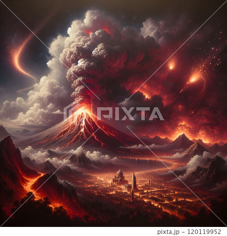 Erupting volcano landscape with dramatic lava and fiery skies 120119952