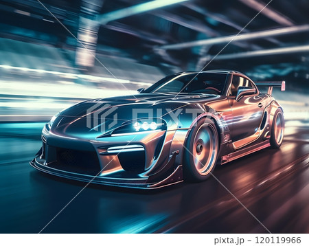 Futuristic sports car racing through neon-lit tunnel at high speed 120119966