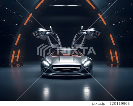 Futuristic sports car with gull-wing doors in modern showroom setting Futuristic sports car with gull-wing doors in modern showroom setting 120119968