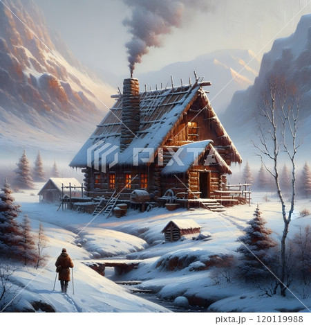 Snowy mountain cabin with smoke rising from chimney in winter wonderland landscape 120119988