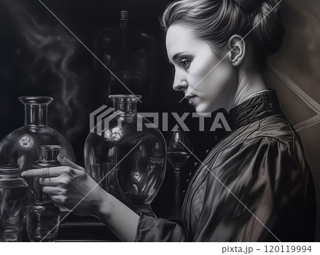 Vintage scientist woman with chemistry glassware in a dark laboratory setting 120119994
