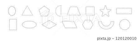 Ornamental dashed line border in geometric frame. Outline elements for coupon cut out with circular and rectangular shapes. Flat vector illustration isolated on white background. Ornamental dashed line border in geometric frame. Outline elements for coupon cut out with circular and rectangular shapes. Flat vector illustration isolated on white background. 120120010