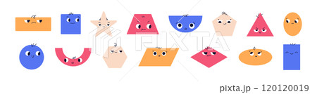 Cute basic math shapes with faces and geometric expressions. Simple forms for educational. Flat vector illustration isolated on white background. 120120019