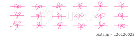 Cute pink bow with ribbon hand drawn style. Vintage knot design, for gift and birthday present decoration. Flat vector illustration isolated on white background. 120120022