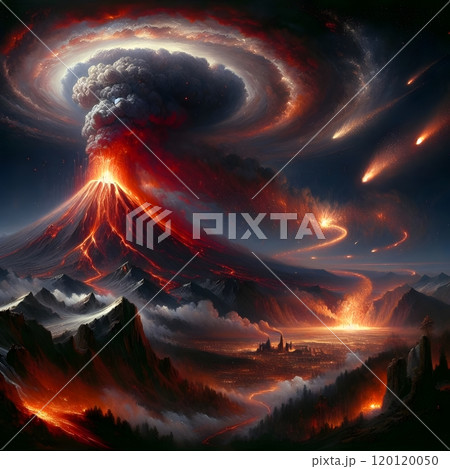 Majestic volcanic eruption amidst dramatic night sky and fiery meteors in scenic landscape 120120050