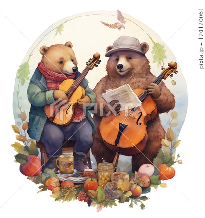 Musical bears playing instruments in autumn...のイラスト素材 [120120061] - PIXTA