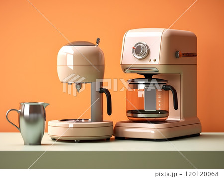 Retro-style coffee makers and milk frother against a vibrant orange background 120120068