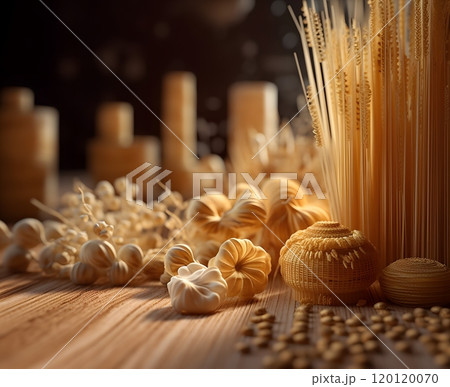 Rustic culinary display of various pasta varieties on wooden table 120120070