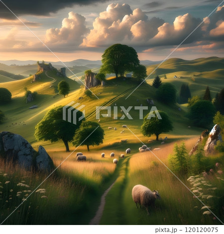 Serene countryside with rolling hills and grazing sheep at sunset Serene countryside with rolling hills and grazing sheep at sunset 120120075