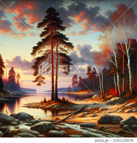 Serene forest and river sunset landscape with vibrant sky 120120076