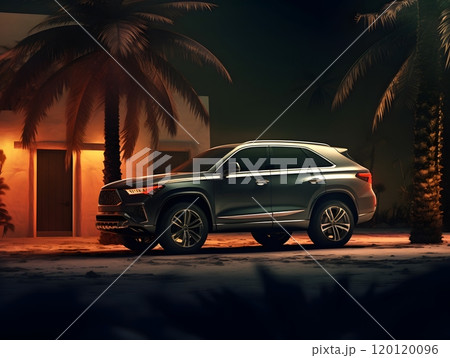 Sleek suv parked by tropical palm trees at sunset, modern auto design 120120096