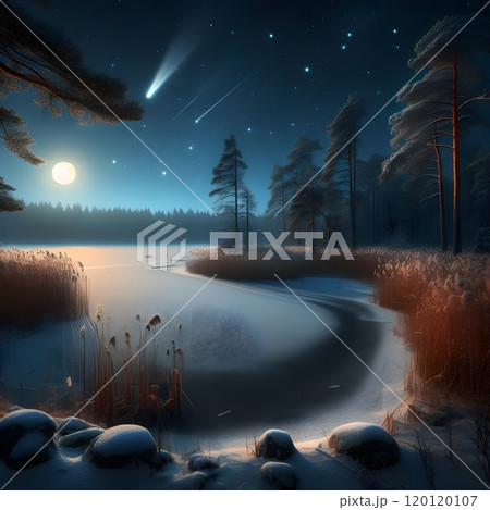 Stunning moonlit winter landscape with frozen lake and starry night sky Stunning moonlit winter landscape with frozen lake and starry night sky 120120107