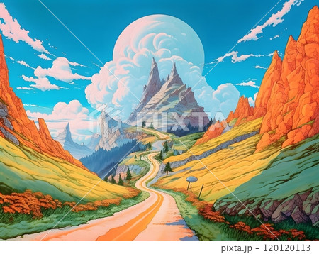 Surreal mountain pathway with dramatic sky and vibrant landscape 120120113