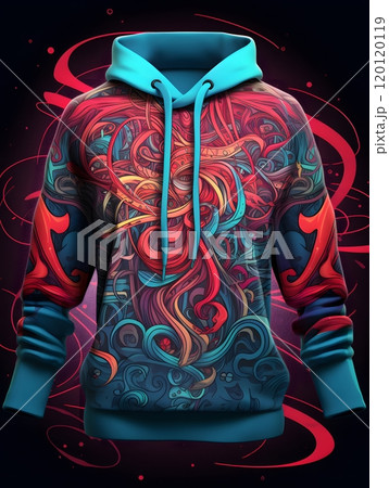 Vibrant abstract art on hoodie with swirling colors and patterns 120120119
