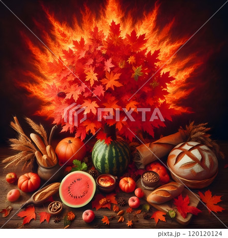 Vibrant autumn harvest with fiery foliage, seasonal fruits, and fresh baked goods Vibrant autumn harvest with fiery foliage, seasonal fruits, and fresh baked goods 120120124