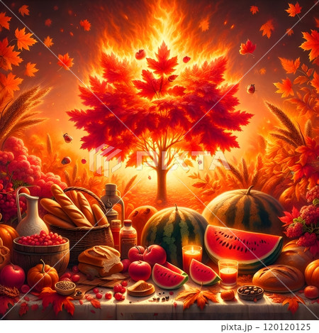 Vibrant autumn harvest with maple tree and seasonal bounty in sunset glow Vibrant autumn harvest with maple tree and seasonal bounty in sunset glow 120120125