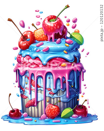 Vibrant dripping cupcake with cherries and berries - colorful dessert illustration 120120132