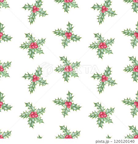 Holly branches with lush green leaves and red berries arranged in a seamless watercolor pattern. Ilex clipart for seasonal fabric designs, decorative products, and festive merchandise 120120140